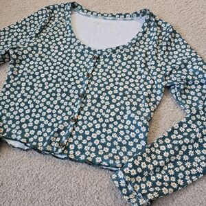 Wallflower Daisy Print Faux Button Cardigan Size L Fits M Green Floral